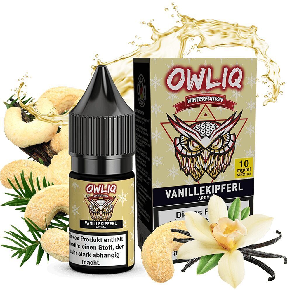 Owliq Nikotinsalz - Vanillekipferl Owliq Nikotinsalz Vanillekipferl 10mg Flasche neben Verpackung mit Eule, umgeben von Vanilleblüten, Kipferl und grünen Zweigen.