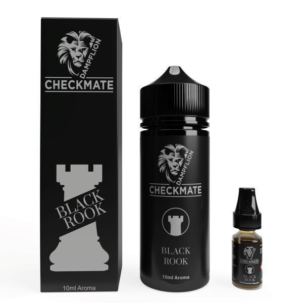 Aroma Black Rook von Dampflion Checkmate Dampflion Checkmate Aroma Black Rook mit schwarzem Löwen-Logo auf Flasche und Schachtel, 10ml E-Liquid Aroma, schachfigur-inspiriertes Design