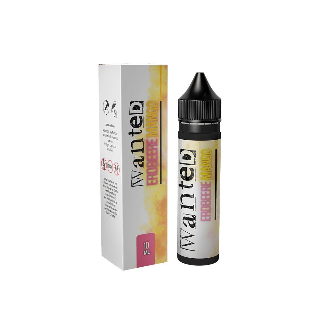 Aroma Erdbeere Mango von Wanted E-Liquid Flasche und Verpackung mit der Aufschrift "Wanted Aroma - Erdbeere Mango", Design in Gelb- und Rottönen, 10 ml Inhalt