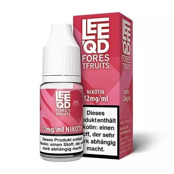 Liquid Fruits Forest Fruits 12mg - Leeqd E-Liquid-Flasche und Box von Leeqd Fruits Forest Fruits 12mg mit Nikotin-Hinweis und pinker Verpackung.