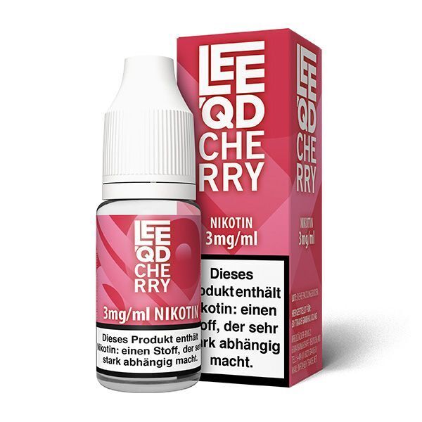 Liquid Fruits Cherry 3mg - Leeqd LeeQd Cherry E-Liquid Flasche und Packung mit 3mg/ml Nikotin, rosa-weißes Design, Warnhinweis bezüglich Nikotinsuchtgefahr sichtbar.