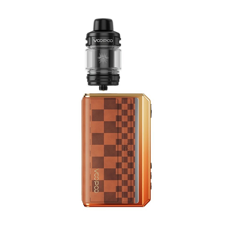 Voopoo Drag 5 Kit in Orange mit geometrischem Muster, schwarzer Verdampfer oben, goldene Akzente, Markenlogo sichtbar.