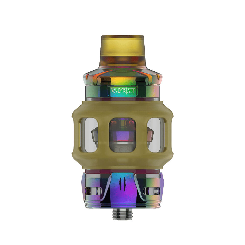 Uwell Valyrian 4 Tank - Neon Rainbow Uwell Valyrian 4 Tank in Neon Rainbow mit goldenen und regenbogenfarbenen Akzenten, transparenter Tankhülle und sichtbarem Ventil.