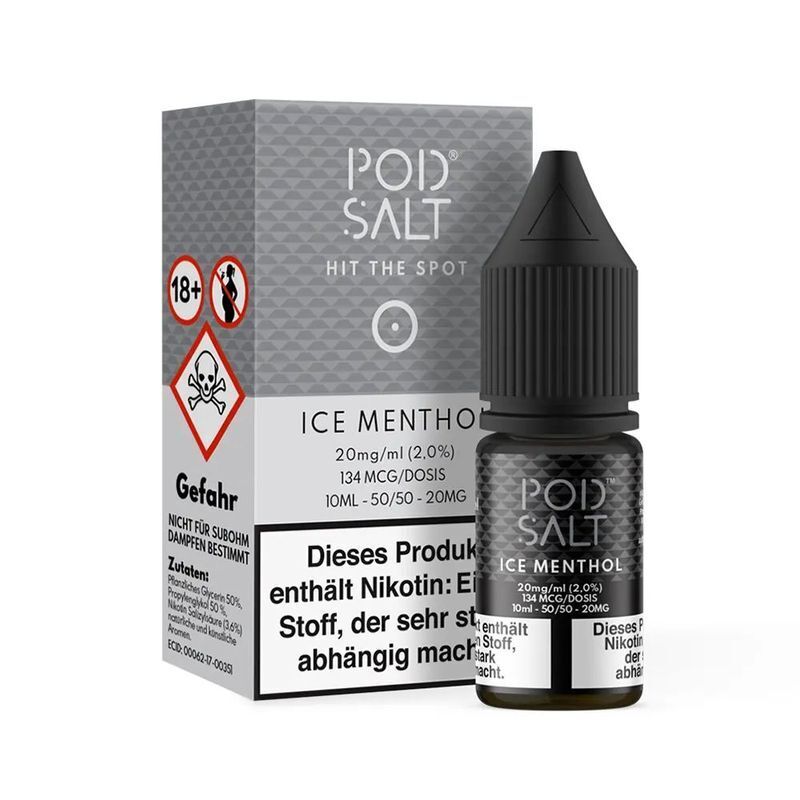 Liquid Ice Menthol mit 20mg Nikotin von Pod Salt Core Pod Salt Core Nikotinsalz Ice Menthol 20mg Flasche vor Verpackung mit Warnhinweisen, Dosierungsinformationen und Inhaltsstoffe.