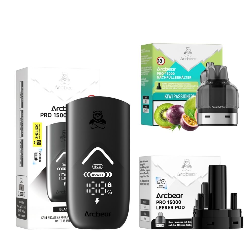Arcbear Pro 15000 Set - Kiwi Passionfruit Guava 20mg Arcbear Pro 15000 Set mit Kiwi Passionfruit Guava Nachfüllbehälter und schwarzem Gerät, inklusive Ladezubehör und Verpackung