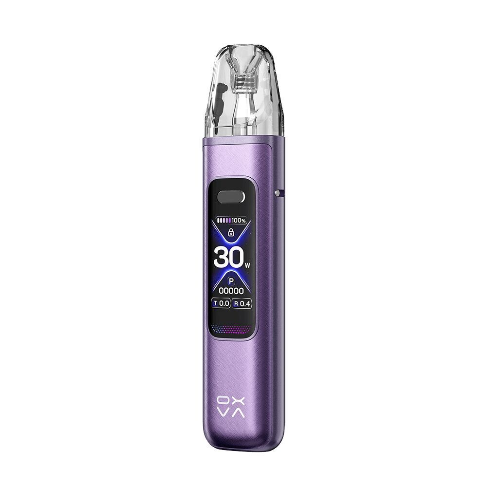 Oxva Xlim Pro 3 Pod Kit - Purple Silk Oxva Xlim Pro 3 Pod Kit in Purple Silk mit digitalem Display zeigt 30W-Leistung, Batteriestatus und weitere Daten an.