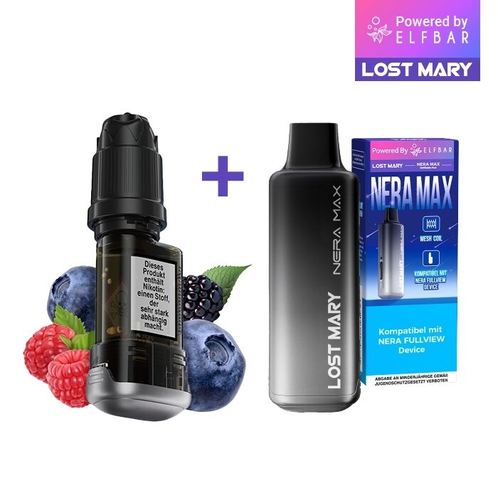 Lost Mary Nera Max 15K Pods - Berry Mix 20mg Lost Mary Nera Max 15K Pods in Berry Mix 20mg mit schwarzer Flasche, grauem Gerät und blauer Verpackung, umgeben von Beeren.