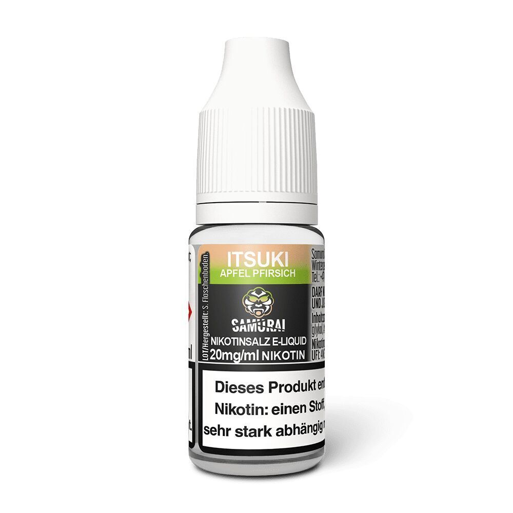 Liquid Itsuki Apfel Pfirsich 20mg - Samurai Flasche von Samurai Nikotinsalz E-Liquid Itsuki mit dem Geschmack Apfel Pfirsich, 20 mg/ml Nikotin, weißer Hintergrund