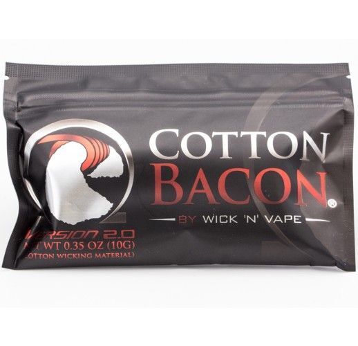Cotton Bacon V2 Watte Verpackung für Cotton Bacon V2 Watte von Wick 'N' Vape, dunkel, mit Logo und Textdetails über Gewicht und Material RN Version 2.0 0.35 Oz (10G)