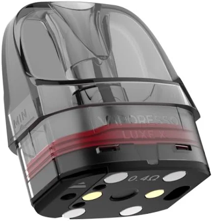 Vaporesso Luxe X 0,4 Ohm Pod Corex 2.0 Vaporesso Luxe X Pod mit sichtbarem roten Streifen und „0,4 Ohm“ am unteren Rand, transparentes Gehäuse und erkennbarer Flüssigkeitsstand.