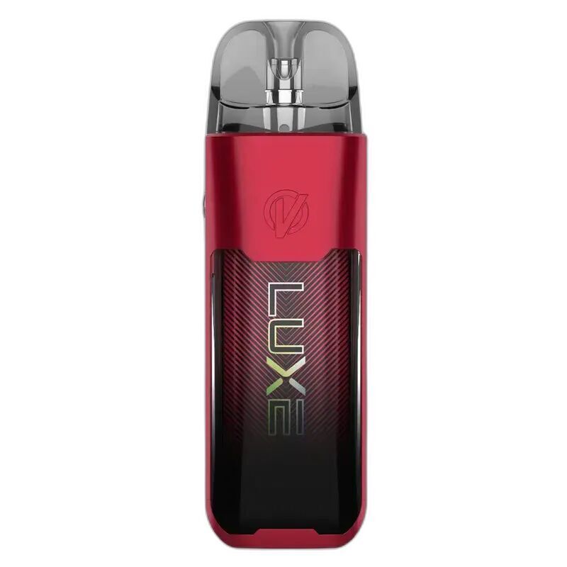 Vaporesso Luxe XR Max Pod Kit Red Rotes Vaporesso Luxe XR Max Pod Kit mit transparentem Mundstück und beleuchtetem Display, darauf der Schriftzug Luxe in Regenbogenfarben.