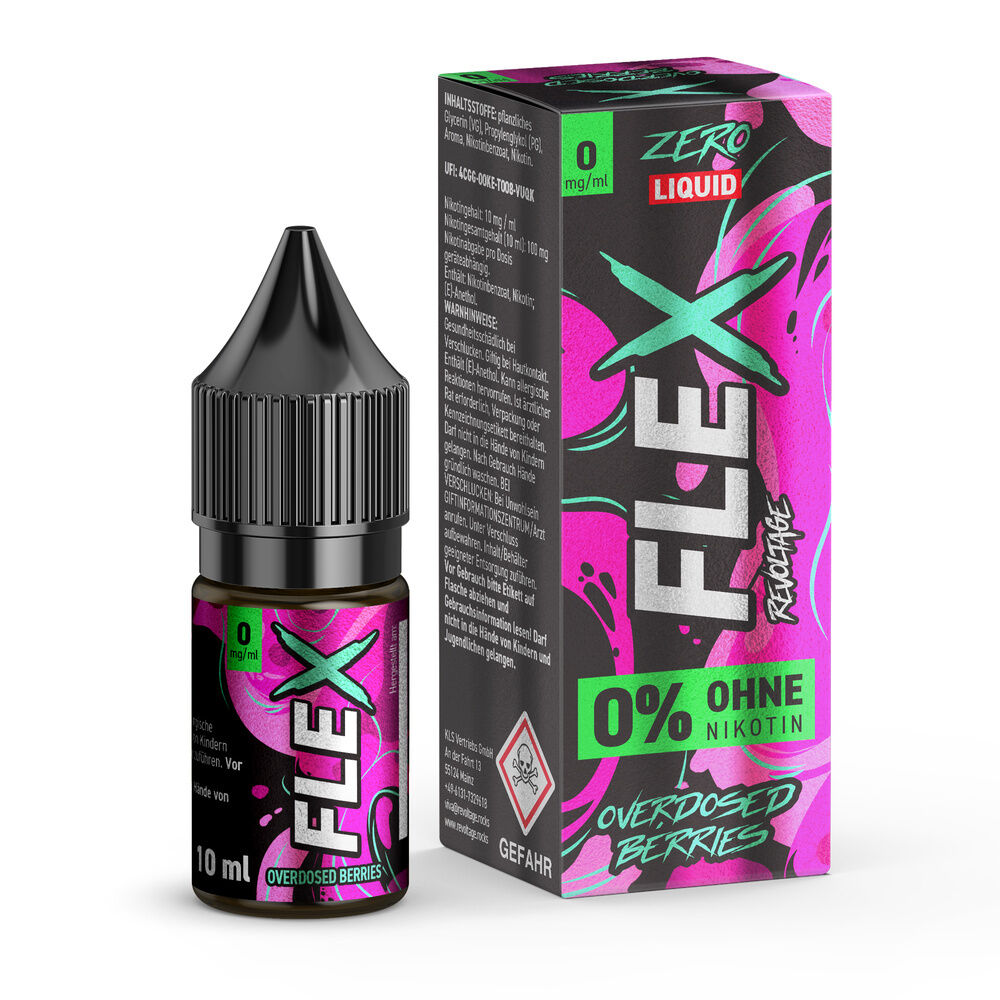 Revoltage Flex Nikotinsalz - Berries Revoltage Flex Liquid Berries 0mg Flasche und Verpackung, beide in Schwarz und Pink, mit Aufschrift 0% ohne Nikotin und Überdosis Berries.