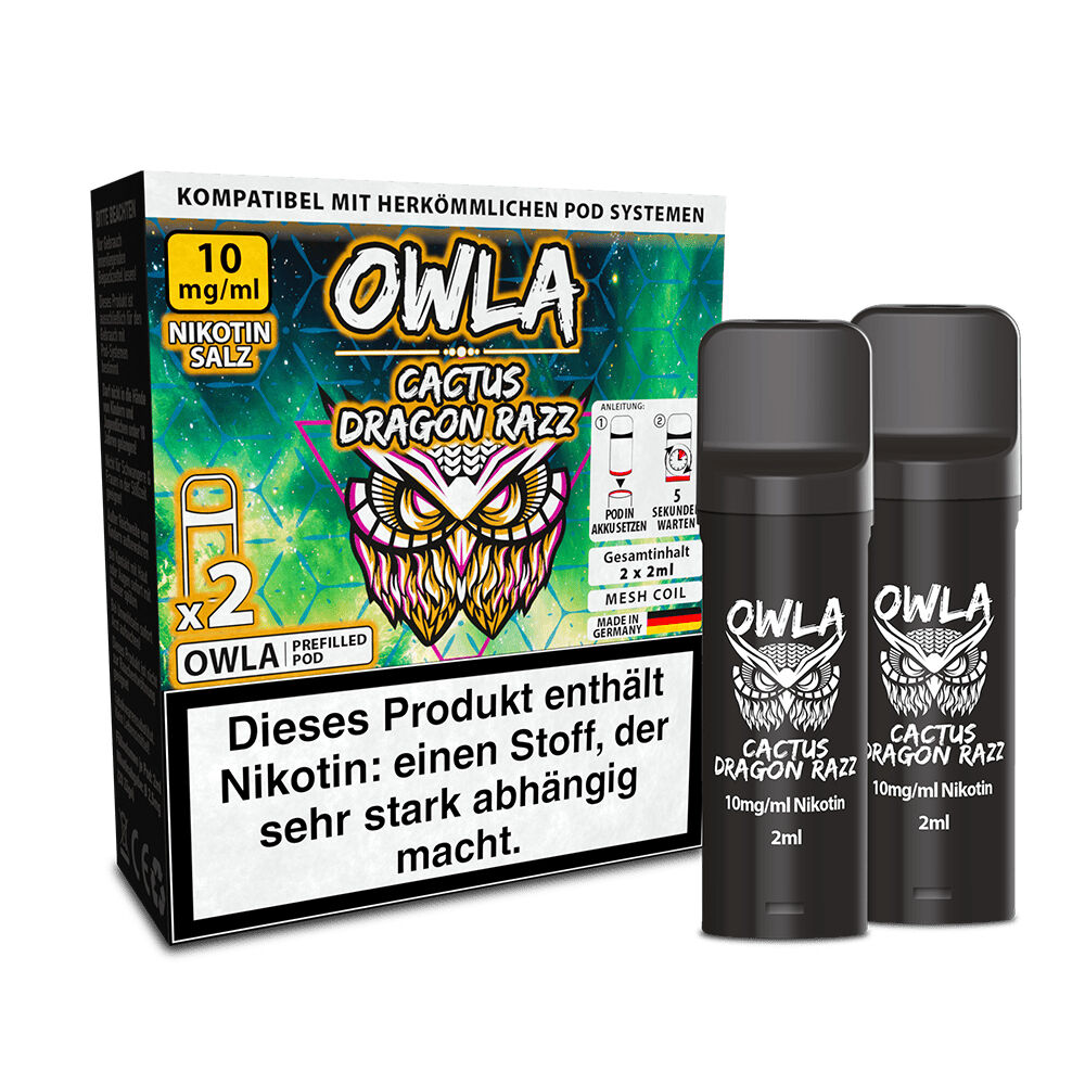 Owla Pods - Cactus Dragon Razz 10mg Zwei schwarze Owla Pods mit Cactus Dragon Razz 10mg Nikotin, begleitet von einer Verpackung mit buntem Design und Warnhinweis über Nikotin.