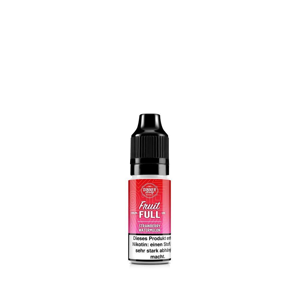 Flasche von Dinner Lady Fruit Full Nikotinsalz Strawberry Watermelon 20mg mit rotem Etikett und Warnhinweis über Nikotingehalt