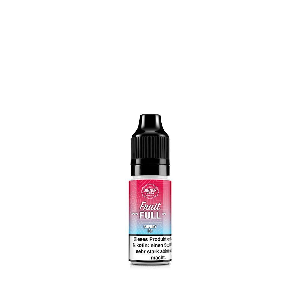 Dinner Lady Fruit Full Nikotinsalz Cherry Ice 20mg in einer kleinen Flasche mit rotem und blauem Etikett, schwarzer Verschluss.