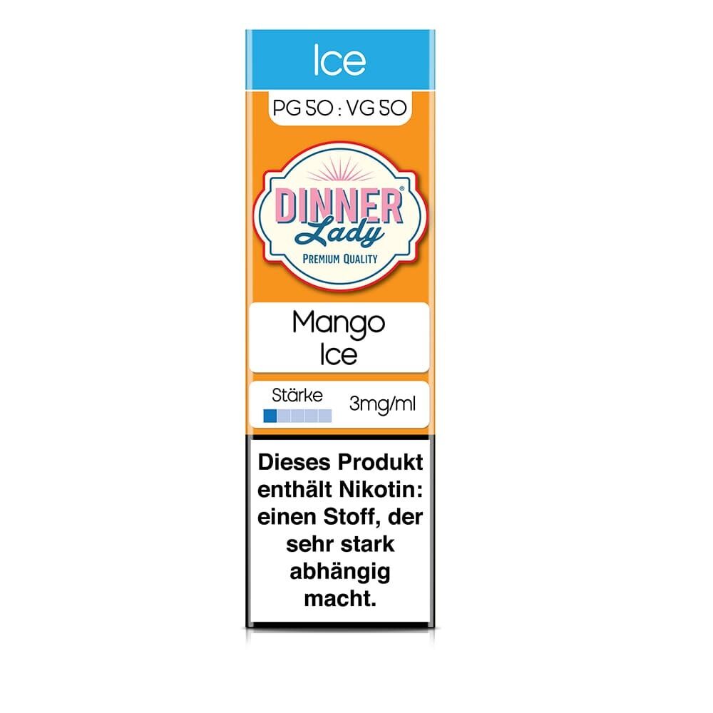 Dinner Lady Liquid Mango Ice, PG 50: VG 50, Stärke 3mg/ml, enthält Nikotin, stark abhängig machender Stoff, orange-blaues Design.