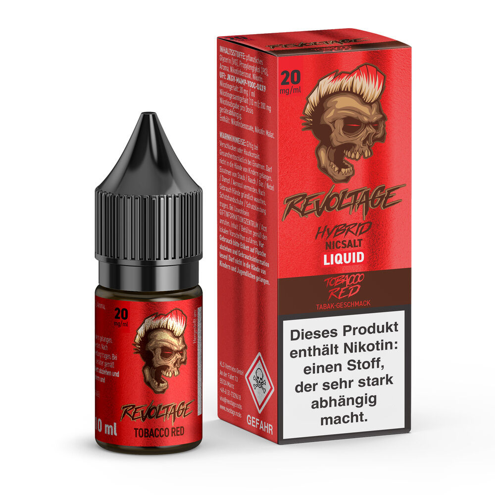 Flasche und Verpackung des Revoltage Tobacco Hybrid Liquid Red 20mg mit Totenkopfdesign und Warnhinweis auf Nikotinsuchtgefahr