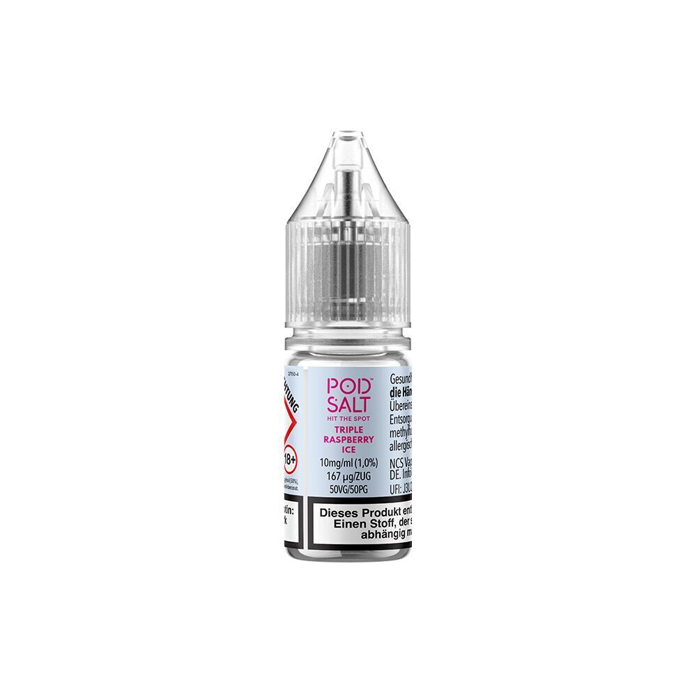 Liquid Triple Raspberry Ice von Pod Salt Xtra Pod Salt Xtra Nikotinsalz Flasche mit Triple Raspberry Ice 10mg Etikett, transparentem Verschluss und Alterswarnungssymbol.