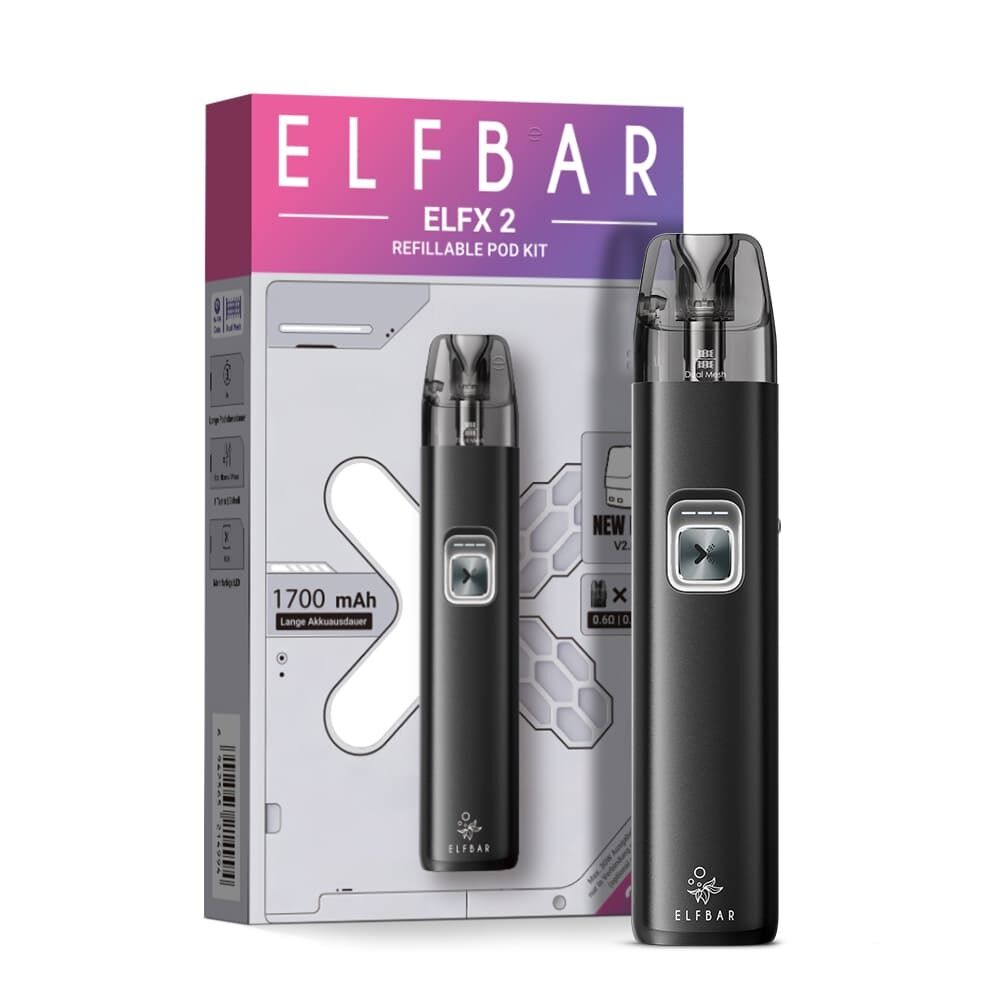 EFX801_2_VP.jpg Elfbar Elfx 2 Pod Kit in Matte Black mit 1700 mAh, präsentiert vor einer Verpackung mit Markenlogo und technischen Details.