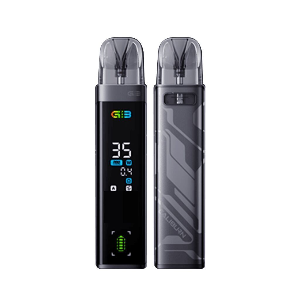 Uwell Caliburn G3 Pro Pod Kit - Space Gray Uwell Caliburn G3 Pro Pod Kit in Space Gray, zwei Geräteansichten; eines mit Display zeigt 35 W und eines mit geprägtem Muster.