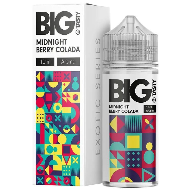 Aroma Midnight Berry Colada von Big Tasty Big Tasty Midnight Berry Colada Flasche neben Box mit buntem geometrischem Muster und Text "10ml Aroma", auffälliges Branding