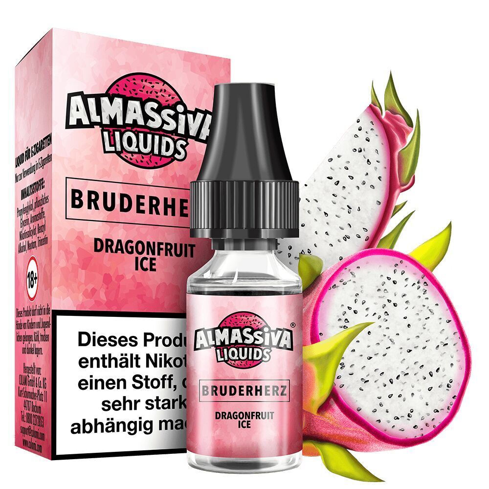 Liquid Bruderherz von Al Massiva Al Massiva Nikotinsalz Bruderherz 17mg Flasche vor Schachtel mit Drachenfrucht-Design und deutlichem Nikotin-Warnhinweis.