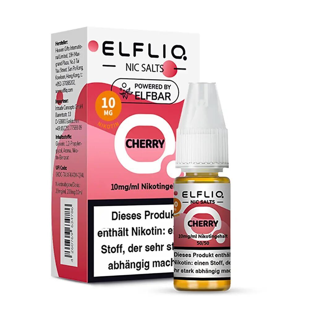 Elfliq Nikotinsalz - Cherry 10mg Elfliq Nikotinsalz Cherry 10mg, Flasche und Verpackung, weiße Kappe, rotes Design, Hinweis auf Nikotingehalt sichtbar
