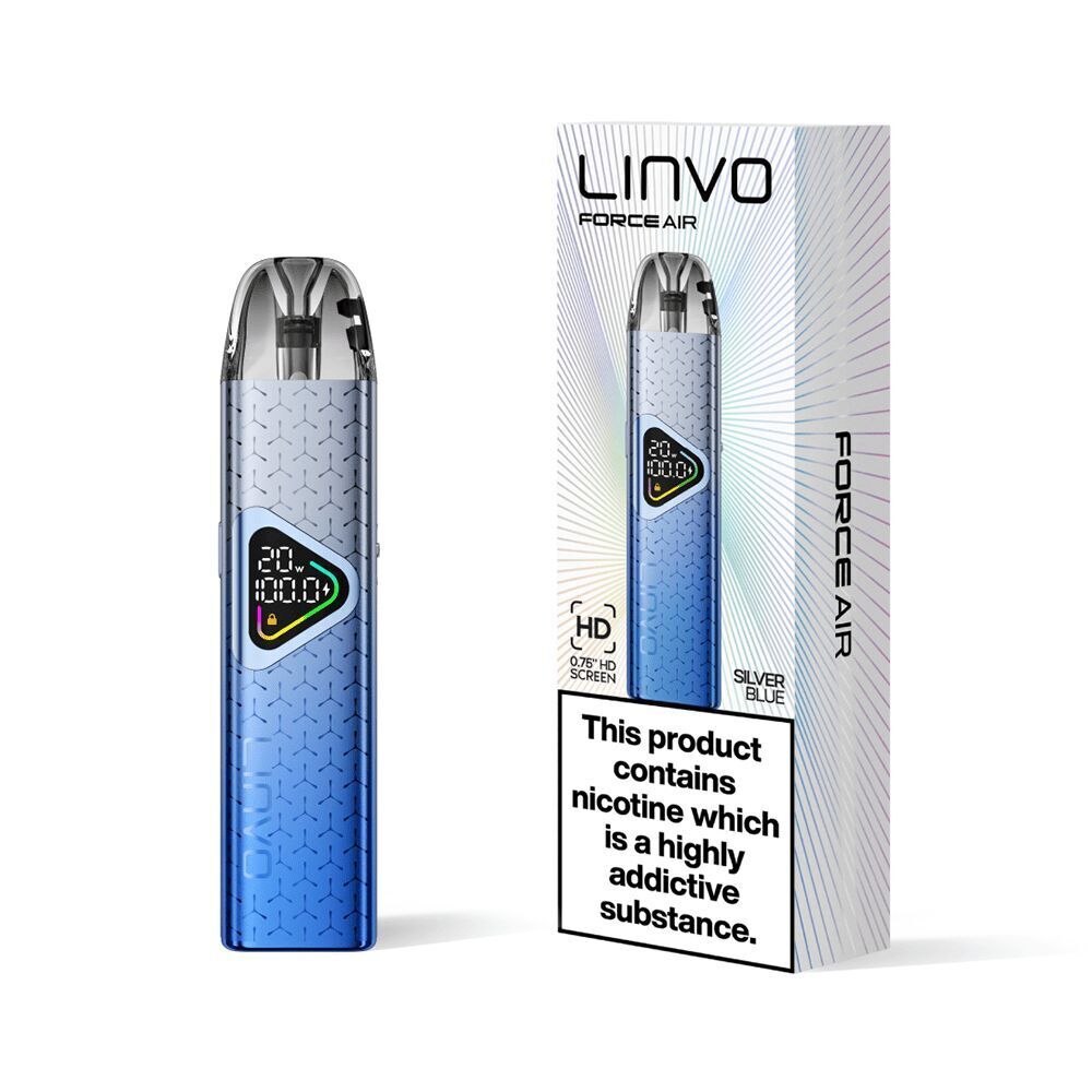 Linvo Force Air Pod Kit - Silver Blue Linvo Force Air Pod Kit Silver Blue mit farbigem Bildschirm, Verpackung mit Markenname und Warnhinweis zu Nikotingefahr.