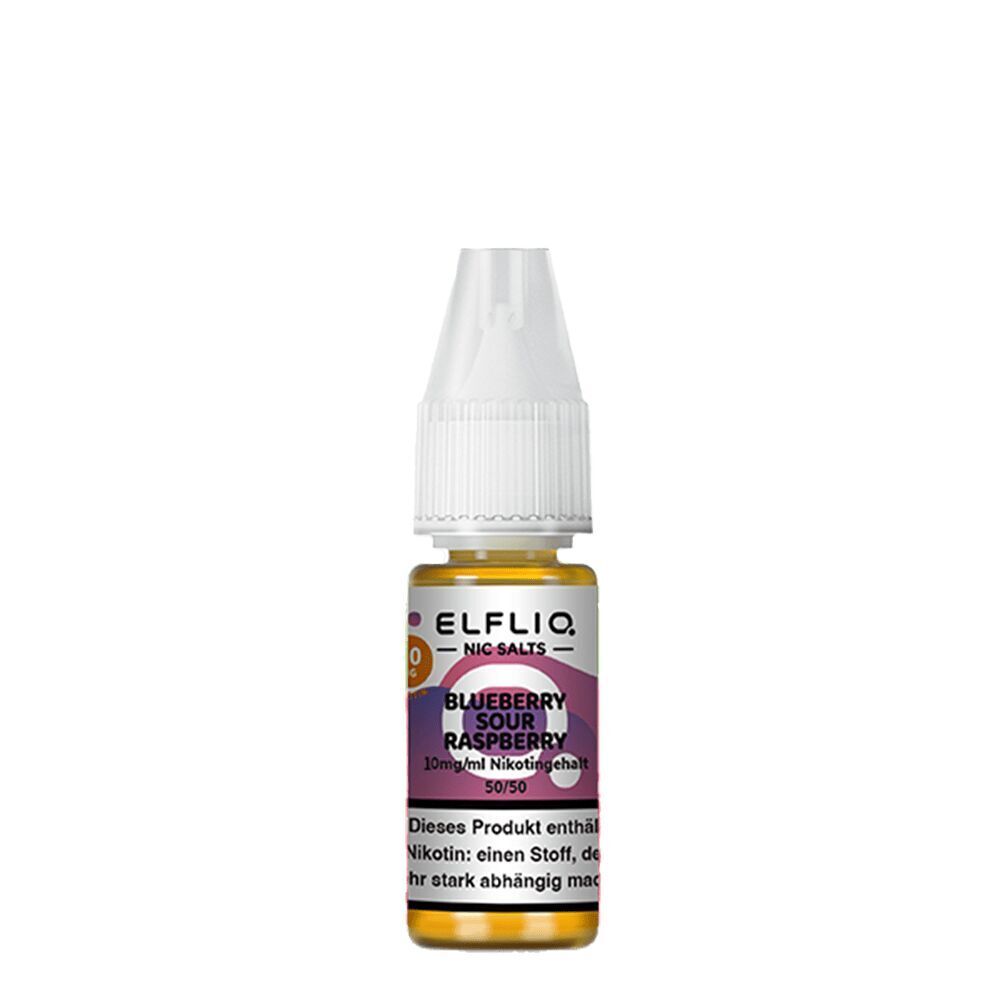 Elfliq Nikotinsalz - Blueberry Sour Raspberry 10mg Elfliq Nikotinsalzflasche mit Blueberry Sour Raspberry Geschmack, 10mg Nikotingehalt, mit weißem Verschluss und Etikett.