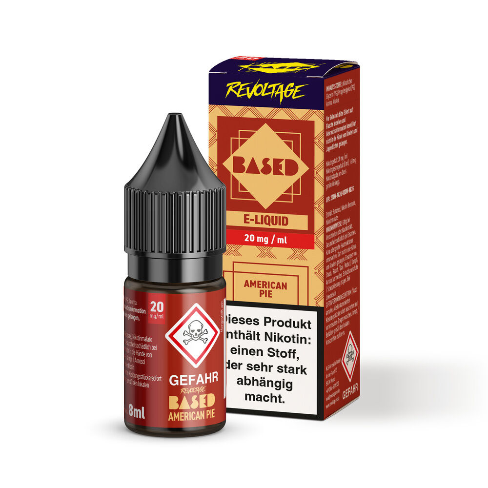 Revoltage Based Hybrid Liquid - American Pie Flasche mit E-Liquid (Revoltage Based Hybrid Liquid - American Pie, 20mg) und rot-gelbem Verpackungsdesign, Warnsymbol für Nikotin.