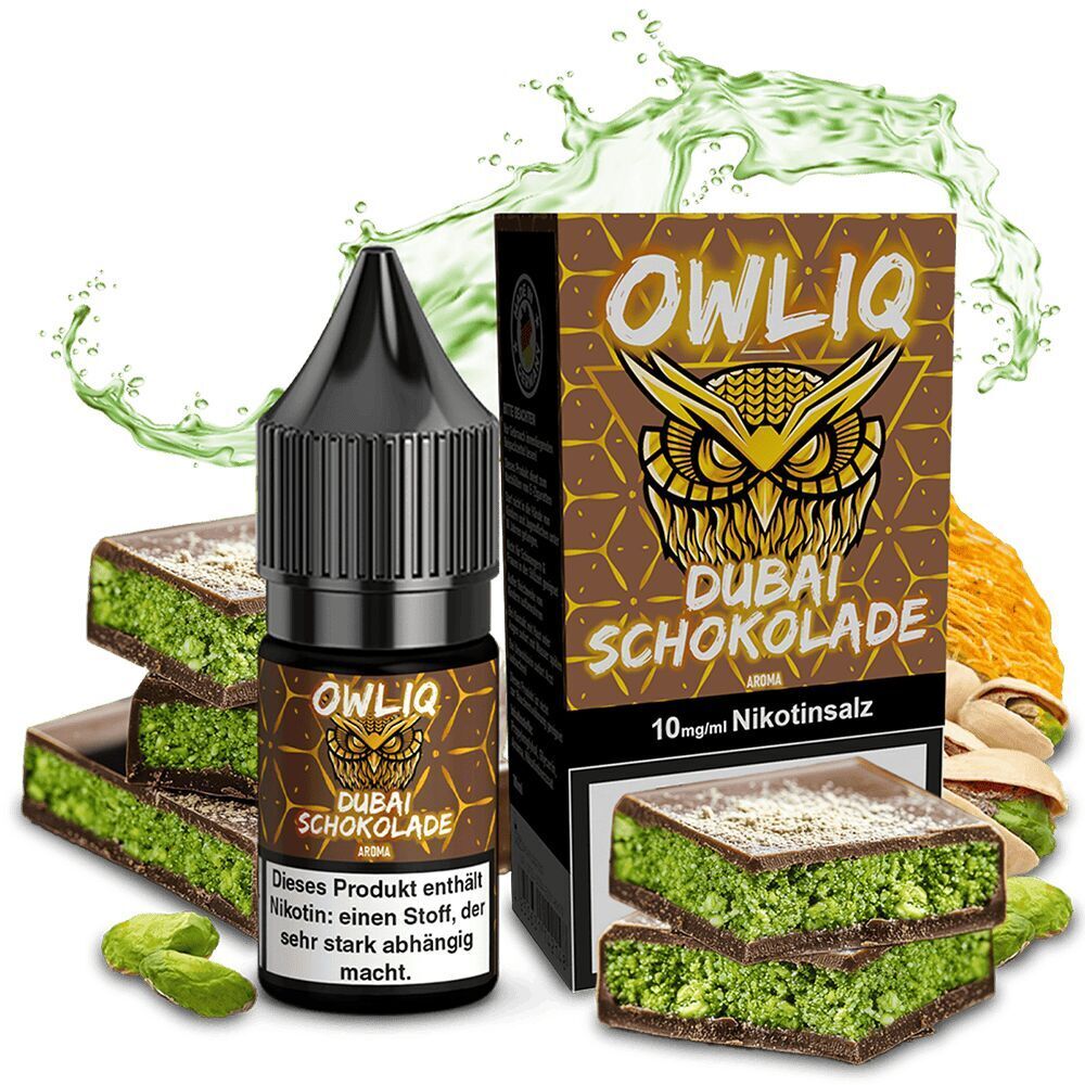Owliq Nikotinsalz - Dubai Schokolade Owliq Dubai Schokolade Nikotinsalz-Flasche neben Verpackung mit grün-braunem Schichtdessert und grünen Spritzern im Hintergrund