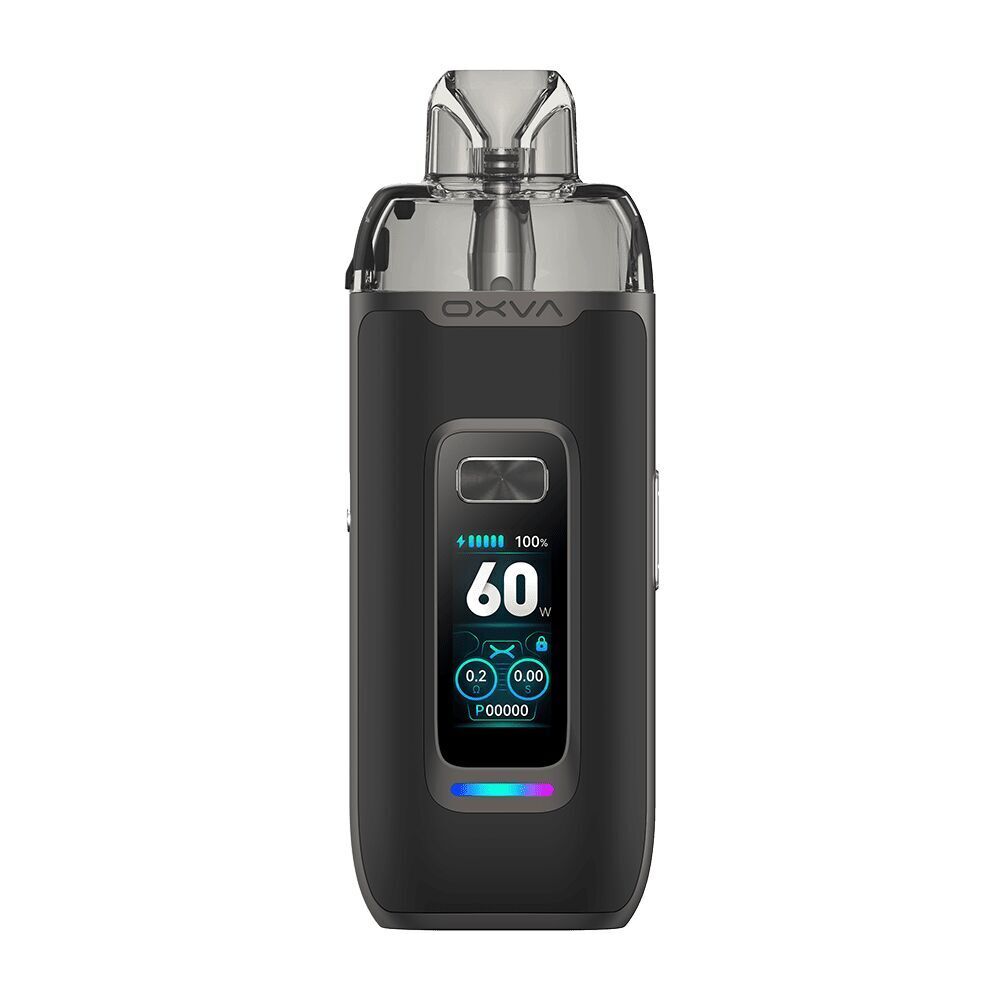 Oxva Vprime Pod Kit mit schwarzem Lederdesign, Display zeigt 60 W, Batterieanzeige, transparente Kartusche oben, Branding sichtbar.