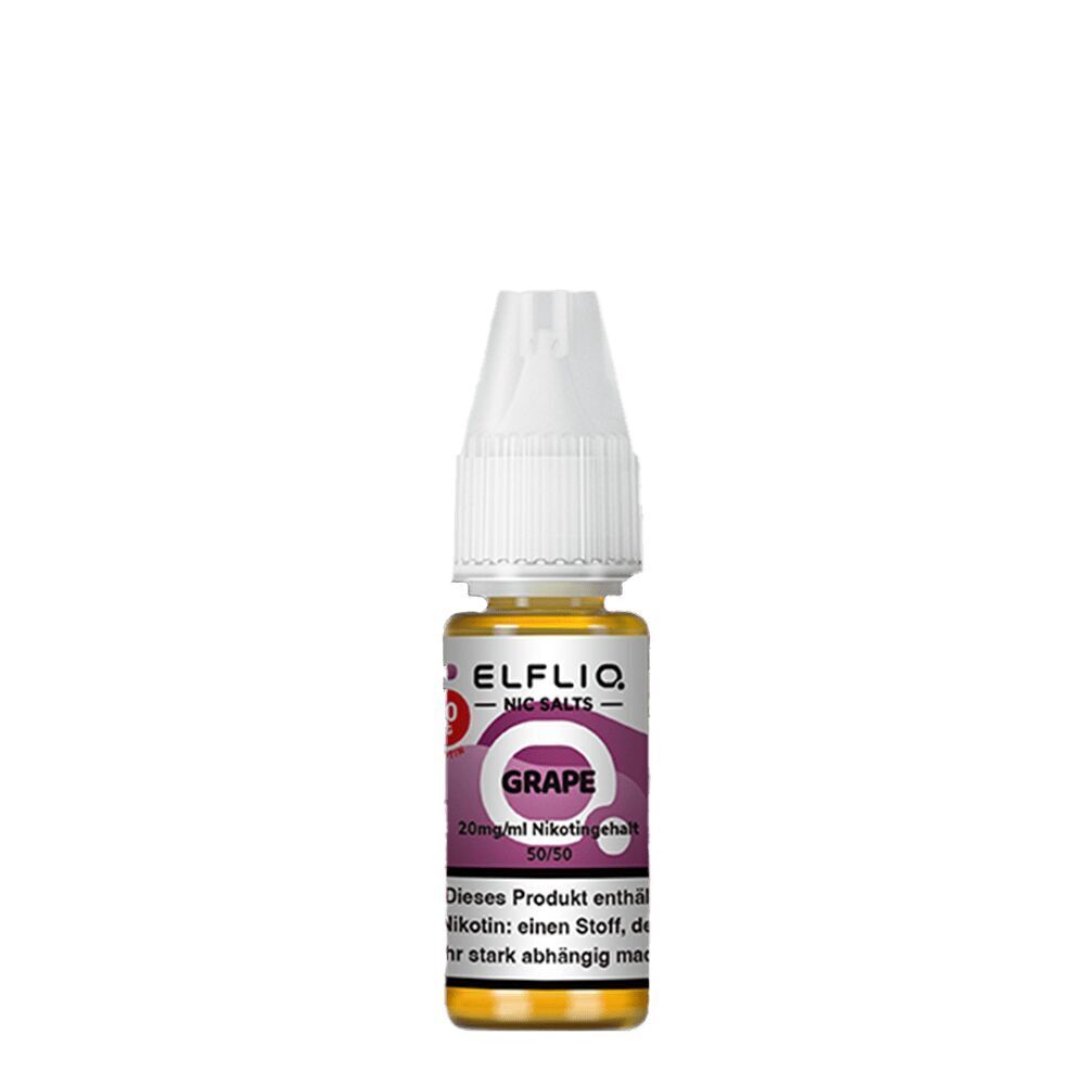 Elfliq Nikotinsalz - Grape 20mg Elfliq Nikotinsalz Grape 20mg E-Liquid Flasche, gelblich, mit weißem Verschluss und lila Etikett, Text „20mg/ml Nikotingehalt“ sichtbar
