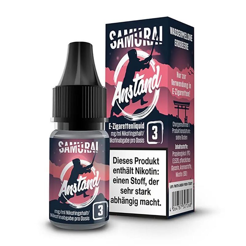 Liquid Anstand von Samurai Samurai Liquid Anstand E-Zigarettenliquid mit Nikotinhinweis und Wassermelone-Erdbeere-Geschmack, Flasche neben Verpackung