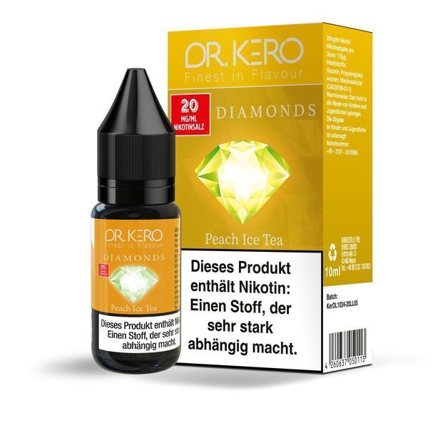 Liquid Peach Ice Tea von Dr. Kero Diamonds v2 Dr. Kero Diamonds v2 Nikotinsalz Peach Ice Tea Flasche und Verpackung mit Warnhinweis über Nikotinsucht, 20 mg/ml Stärke, grüne Diamantgrafik