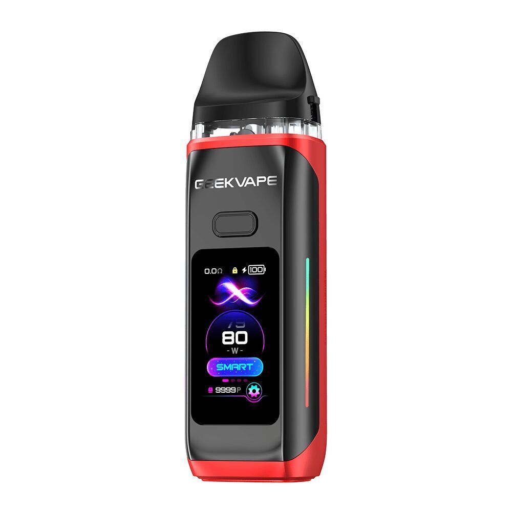 Geekvape Digi Max Pod Kit in der Farbe Ruby Red Geekvape Digi Max Pod Kit in Ruby Red mit großem Display, zeigt 80 W, Batteriestatus und "SMART"-Modus, schwarze Mundstückkappe oben.