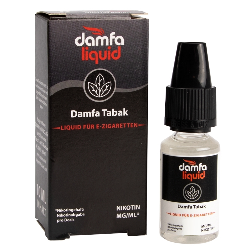 E-Zigaretten-Liquid Damfa Tabak von Damfaliquid, Verpackung und Flasche sichtbar, mit Nikotinangabe auf der Vorderseite
