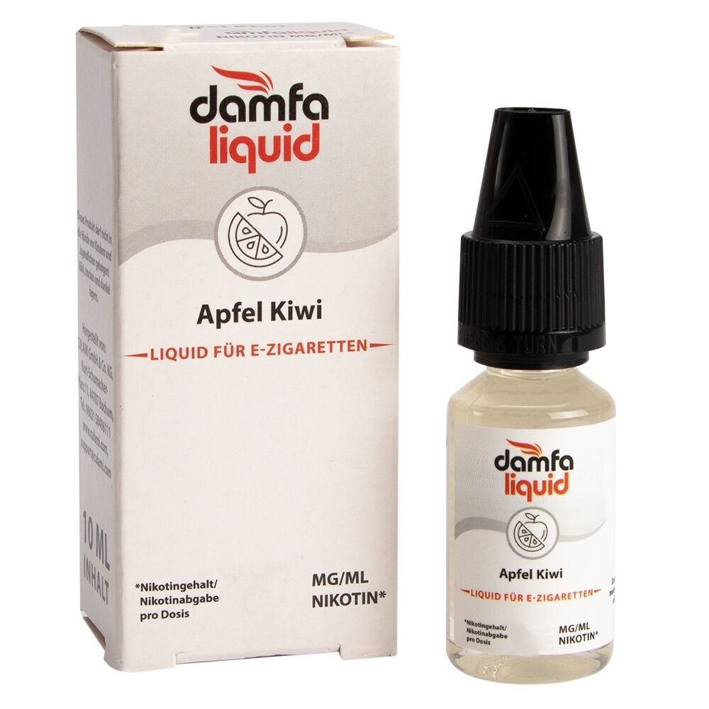 Liquid Apfel Kiwi 12mg - Damfaliquid Damfaliquid Apfel Kiwi Liquid für E-Zigaretten, 10 ml Flasche und Verpackung, 6 mg Nikotininhalt sichtbar, Logo auf beiden Etiketten.