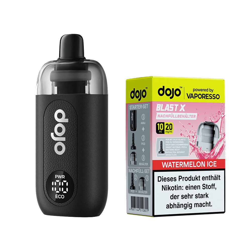 Vaporesso Dojo Blast X Set - Watermelon Ice 20mg Vaporesso Dojo Blast X Set und Nachfüllpackung Watermelon Ice 20mg mit Warnhinweis zu Nikotingehalt und sichtbaren Pod-Illustrationen.