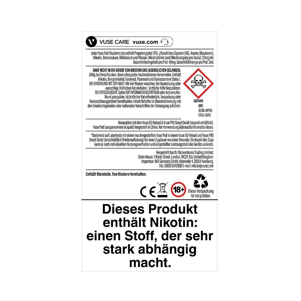Vuse Pods - Blueberry Ice 20mg Vuse Pods Blueberry Ice 20mg Verpackung enthält Warnhinweis über Nikotinabhängigkeit und Gefahrensymbol, geeignet für Vuse-Geräte