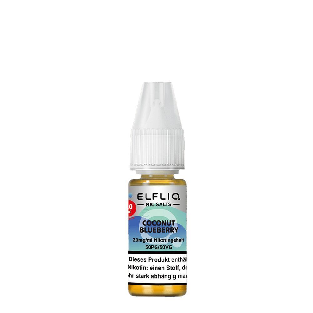 Elfliq Nikotinsalz - Coconut Blueberry 20mg Elfliq Nikotinsalz Coconut Blueberry 20mg Flasche mit weißem Verschluss und Produktetikett in Blau- und Grüntönen, enthält Warnhinweise.