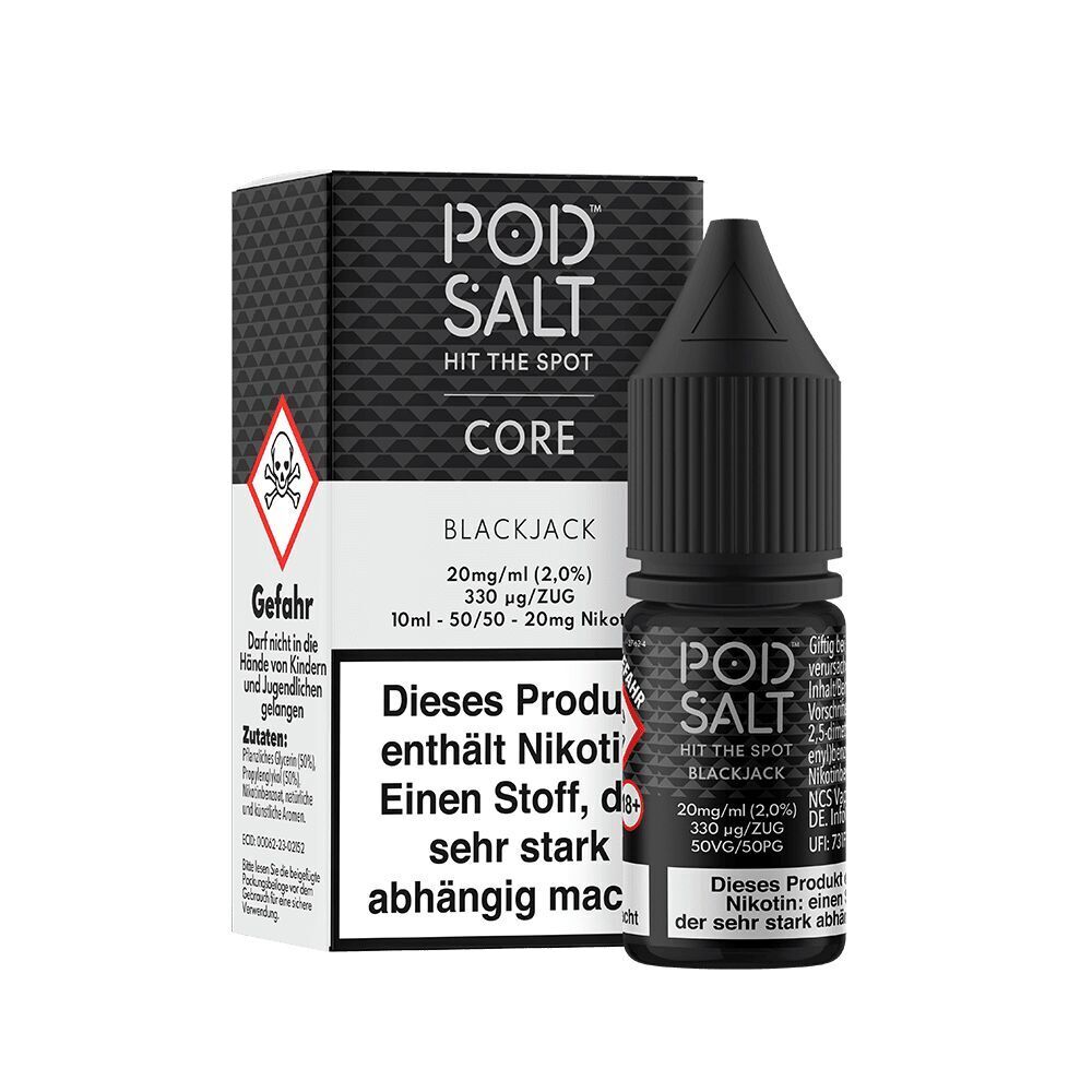 Liquid Blackjack mit 20mg Nikotin von Pod Salt Core Flasche und Verpackung von Pod Salt Core Blackjack 20mg Nikotinsalz, mit Warnhinweisen und Dosierungsangaben; schwarze Verpackung mit weißem Text.