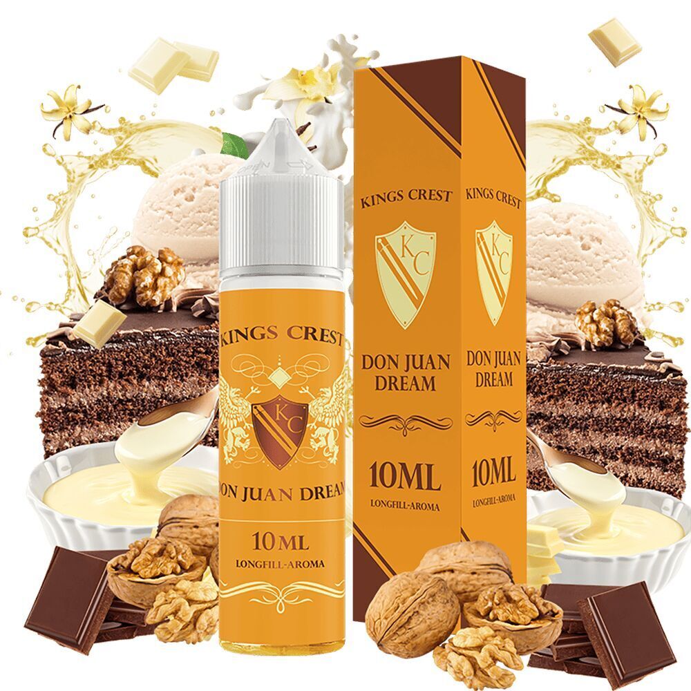 Kings Crest Aroma - Don Juan Dream Kings Crest Aroma Don Juan Dream Flasche mit 10 ml Inhalt, umgeben von Schokoladenkuchen, Vanilleeis, Nüssen und Karamell.