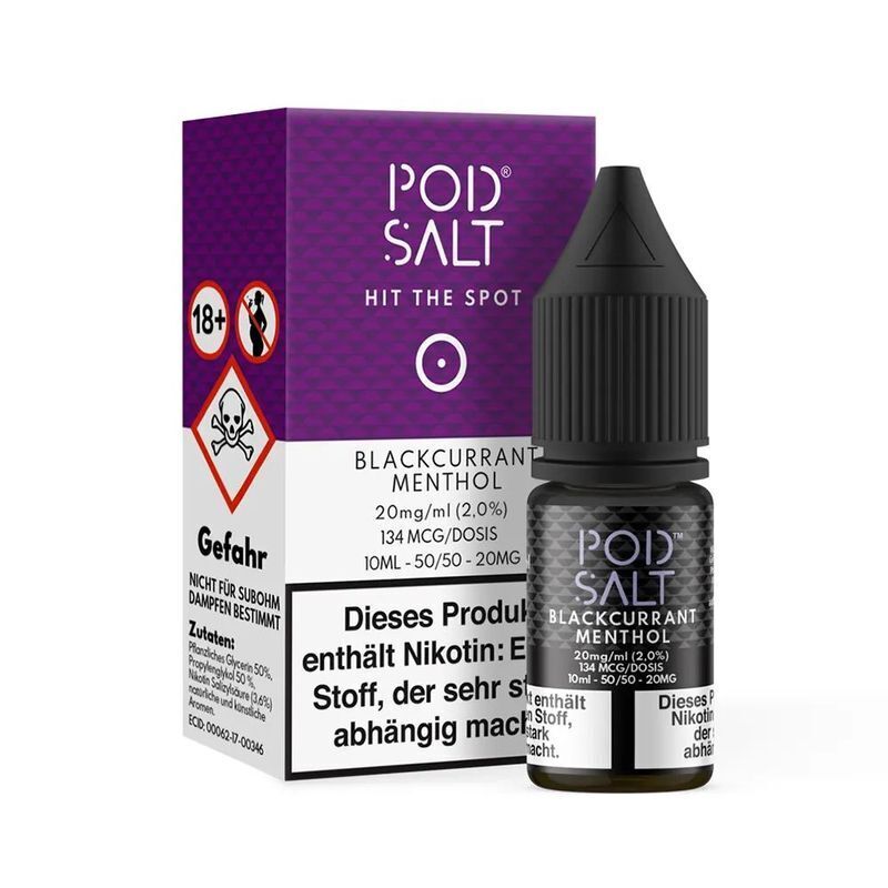 Liquid Blackcurrant Menthol von Pod Salt Core Pod Salt Core Nikotinsalz Blackcurrant Menthol 20mg, E-Liquid-Flasche neben Verpackung mit Warnhinweisen und 18+-Symbol.