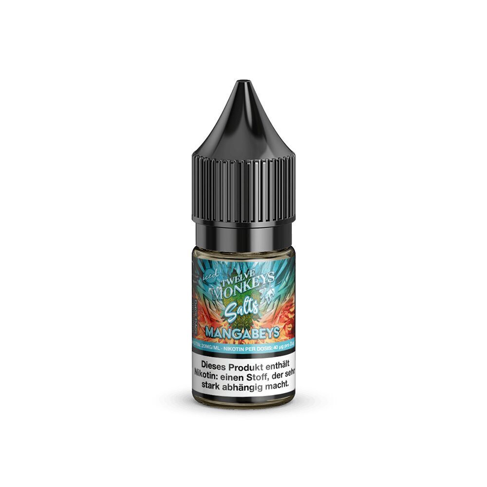 Liquid Mangabeys 20mg - Twelve Monkeys Flasche Twelve Monkeys Nikotinsalz mit schwarzem Deckel und farbigem Etikett, Mangabeys-Logo, enthält Nikotin, Warnhinweis unten sichtbar