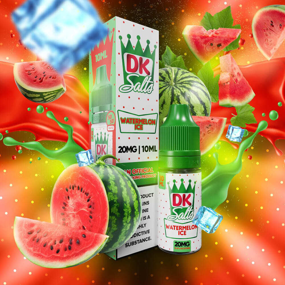 Liquid Watermelon Ice 20mg - DK Salts E-Liquid-Flasche DK Salts Watermelon Ice 20mg vor einer Verpackung, umgeben von Wassermelonenscheiben und Eiswürfeln.