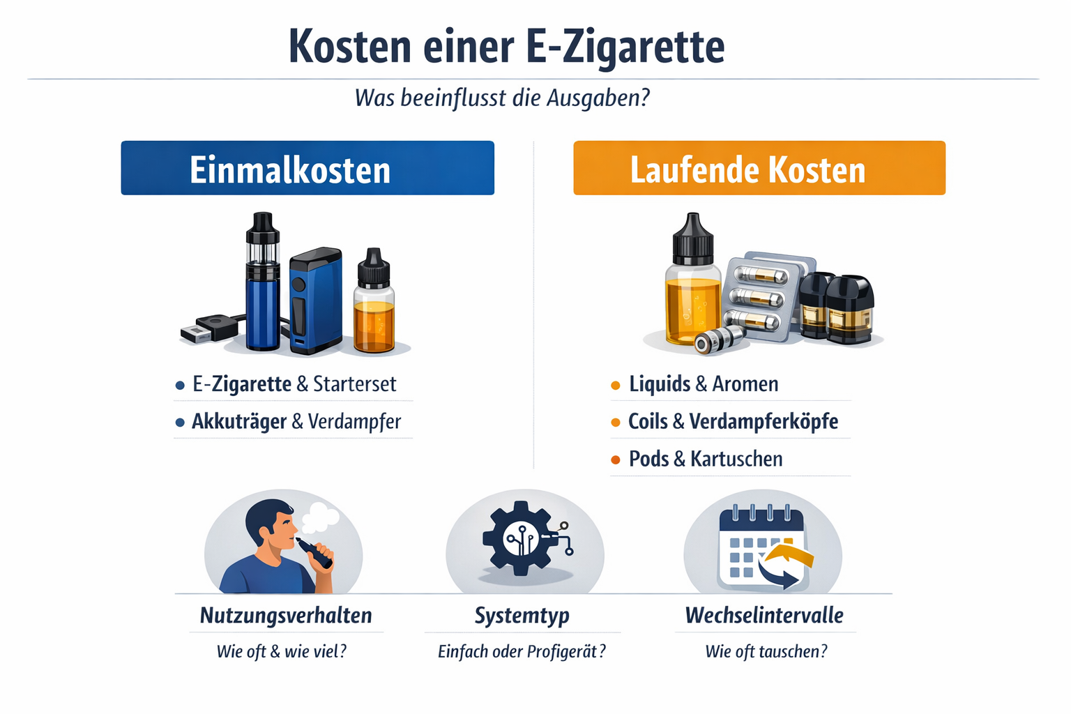 Grafik der Kostenfaktoren einer E-Zigarette: Einmalige Geräteanschaffung, laufende Kosten für Liquids, Pods und Coils, Nutzungsverhalten sowie Vergleich zu monatlichen Raucherkosten.