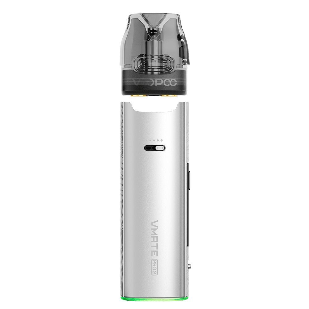 Voopoo Vmate Pro 2 Pod Kit - Glacier Silver Voopoo Vmate Pro 2 Pod Kit in Glacier Silver mit durchsichtigem Pod, silbernem Gehäuse, Aufschrift "VMATE Pro2" und seitlichem Schalter.