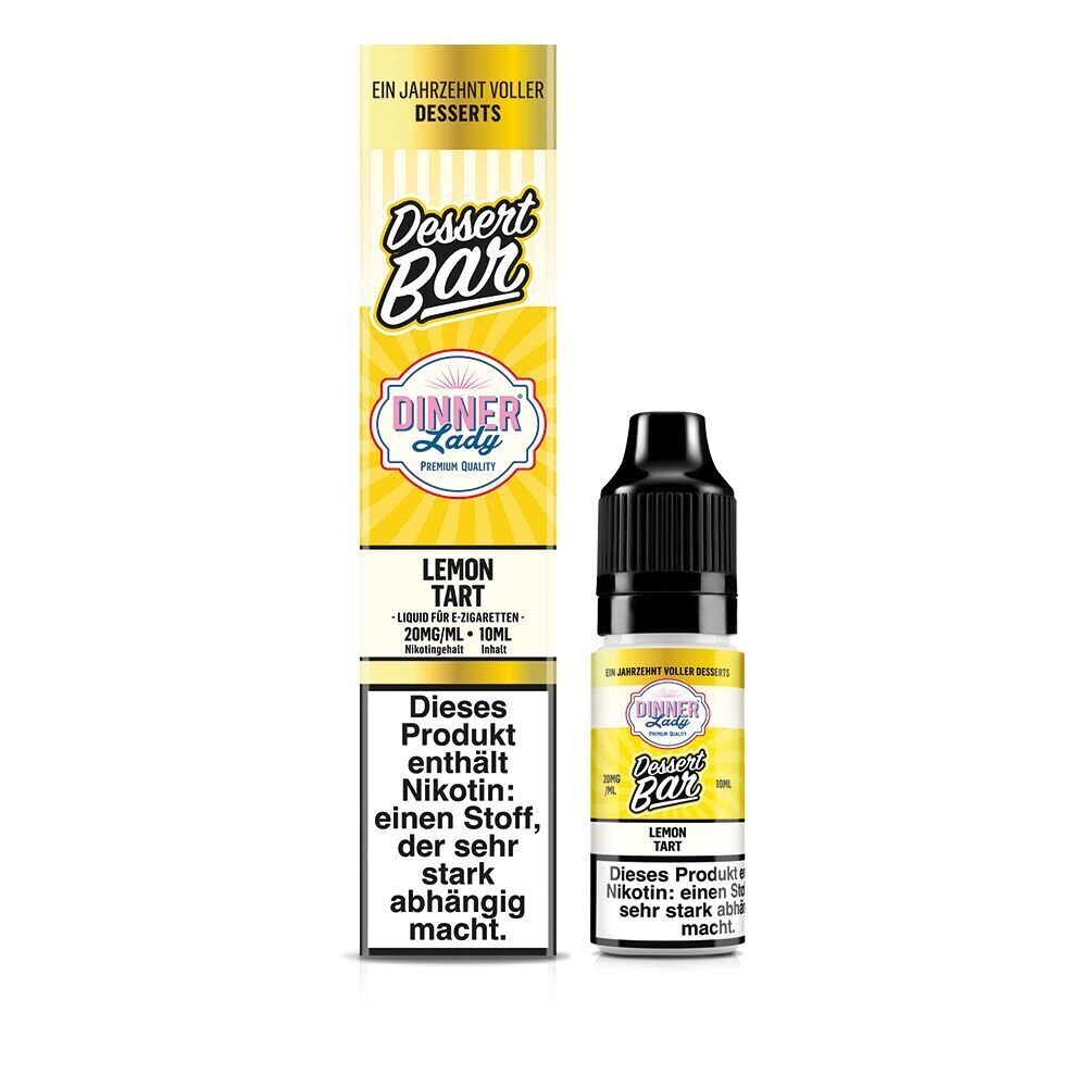 Liquid Lemon Tart 20mg - Dinner Lady Nikotinsalz Dinner Lady Dessert Bar Nikotinsalz Lemon Tart 20mg Verpackung und Flasche mit gelbem Etikett, Text warnt vor Nikotinabhängigkeit