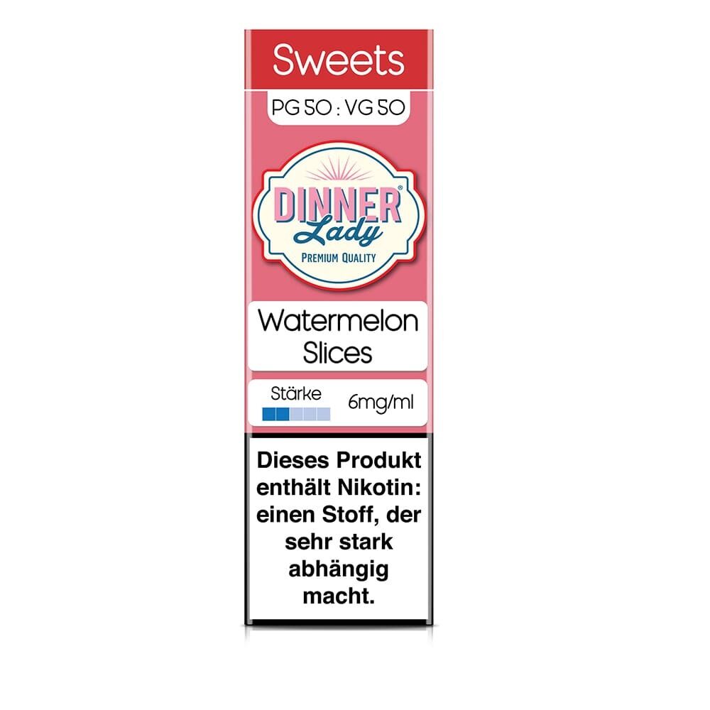 Dinner Lady Watermelon Slices Liquid 6mg, Sweets-Serie, Nikotinwarnung, Stärke-Icon, PG 50: VG 50 Verhältnis auf rosa Hintergrund.